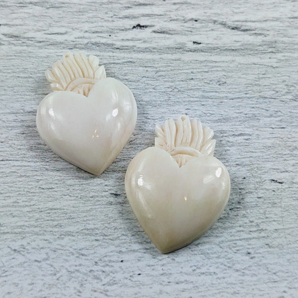 Small Hand Carved Buffalo Bone Sacred Heart Charms, Love, Spiritual, 2pcs. Earrings, 24x20mm