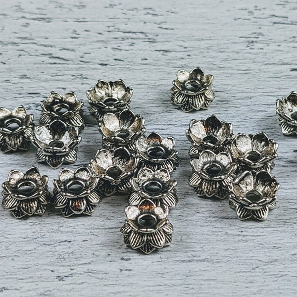 Antique Silver Lotus Flower Double Bead Caps, 9x5mm, 2mm Hole, 10pcs.