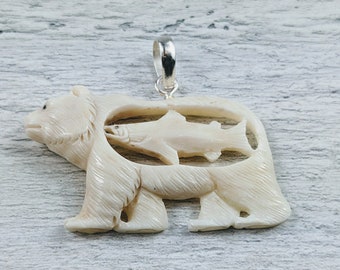 Hand Carved Water Buffalo Bone Bear with Salmon Fish Pendant, Fishing,  Wildlife, 45x25mm, Grizzly