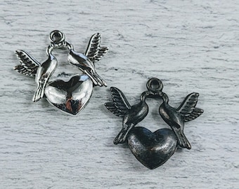 Silver Or Patina Love Birds with Heart Charms, 2pcs. Rustic, 20mm, Love