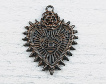 Rustiek bruin boze oog heilig hart charme, Milagro, Royal, Evil Eye Rose, liefde, spiritueel, 38x32mm