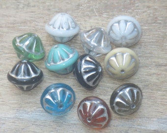 Bicone SilverTone 5pcs Czech Glass Mixed Color Large Saucer Beads Corrugated 13x12mm