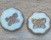 White Picasso Czech Glass Table Cut Butterfly Beads, 2pcs, 26mm