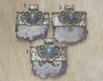 Purple Druzy Dangle Pendant Tibetan Silver and Druzy and Flash Labradorite Gemstone Silver Flower Pendant Nepal Lotus Flower