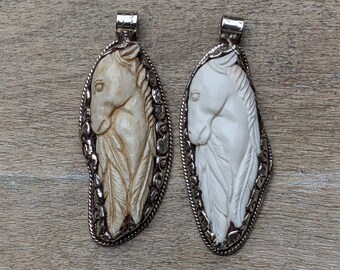 Carved Bone Horse Pendant Ethnic Tibetan Carved Bone Horse Pendant with Tibetan Silver Lotus Detail WM7787A Handmade Tibetan Jewelry