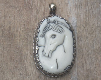 Carved Bone Horse Pendant Ethnic Tibetan Carved Bone Horse Pendant with Tibetan Silver Lotus Detail WM7787A Handmade Tibetan Jewelry