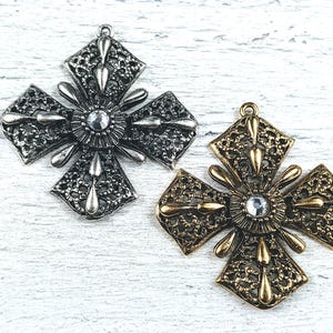 Beautiful Ornate Large Filigree Rhinestone Cross Pendant, Antique Silver or Antique Gold Plated, Hand Casted, 50x44mm, Spiritual, 1pc.
