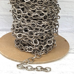 Cadena de eslabones ovalados texturizados de plata antigua grande, calibre grueso, 11 x 15 mm
