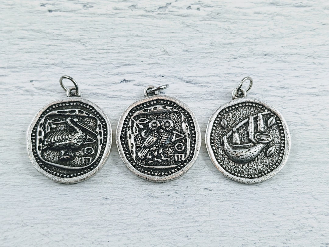 Antique Silver Replica Coin Sloth, Greek Owl or Pelican Charms, 1pc