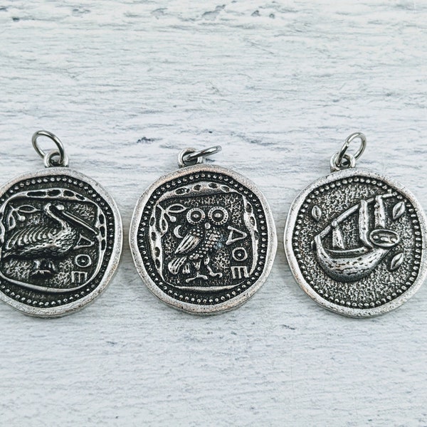 Antique Silver  Replica Coin Sloth, Greek Owl or Pelican Charms, 1pc, Animal, Bird, 25mm