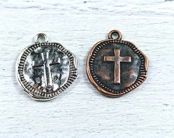 Antique Copper or Silver Plated Hammered Cross Charms, 3pcs, 22x19mm, Spiritual, Religious