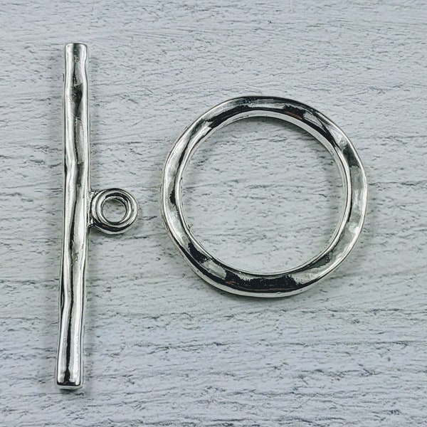 Large Silver Round Toggle Clasp, Connector, Bracelet, Necklace, Hammered Look, 34mm