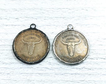 Hand Soldered Western Longhorn Old Spanish Trail El Paso Half Dollar Coin Pendant, Replica, Steer, Bull, 32mm, Silver or Patina, Replica