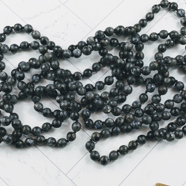 Hand Knotted Faceted Matte Dark Labrdorite Gemstone Beaded Necklace, DIY, Brown Silk Cord, 32", 8mm Beads