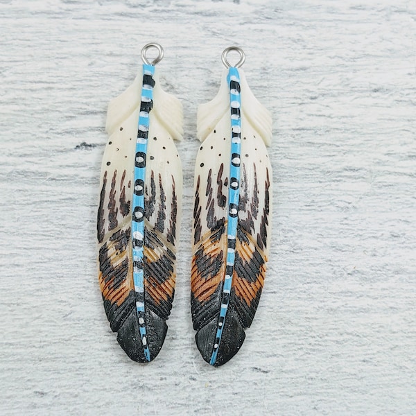 Beautiful Hand Carved and Painted Buffalo Bone Feather Pendants, Motif, Beads, Ethnic, 1 Set,  Earrings, Black, Blue and White Design