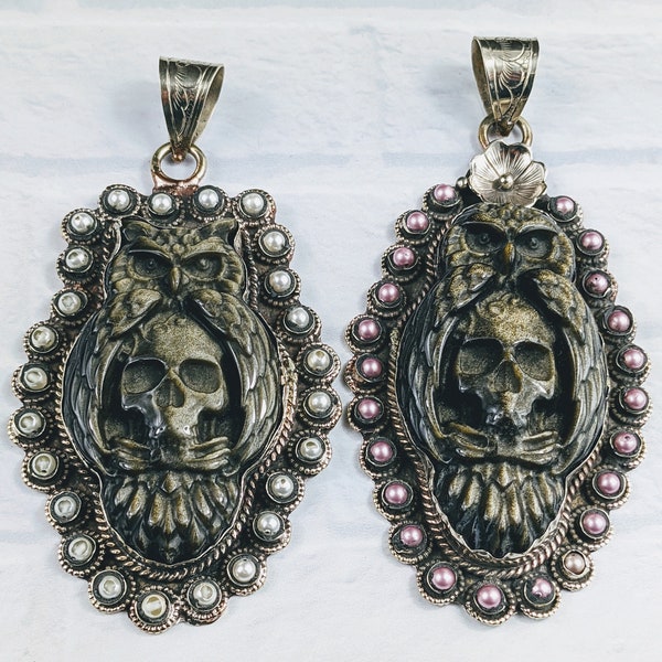 Large Tibetan Silver Golden Sheen Obsidian Owl and Skull Gemstone Pendant with Swarvoski Pearls, Nepal, 1pc. Pink, Grey, Lotus Flower