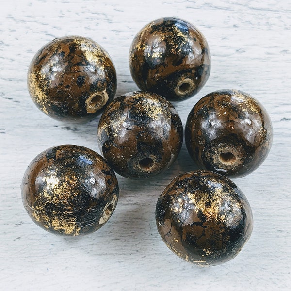 Rare Large Brown and Black with Gold Flecks Round Wood Beads, 23mm 5pcs. OOAK