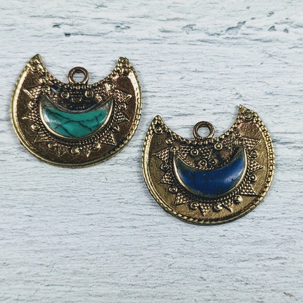 Ornate Brass with Howlite Inlay Crescent Moon Pendant, Charm, Lunar, 1pc. 25x20mm, Green or Blue