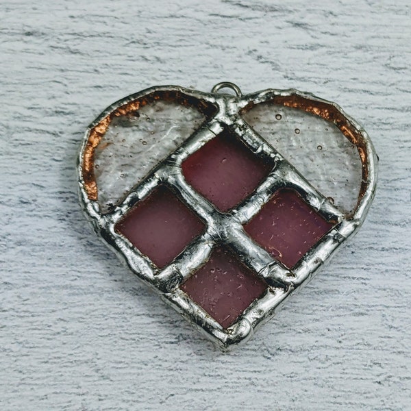 Large Hand Soldered Stained Glass Pink Heart Pendant, Love,  38mm, Mosaic