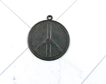 Rustic Brown Plated Round Peace Sign Etched Charm, 26mm