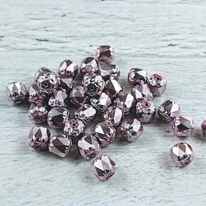 Czech Glass Metallic Pink Faceted Cathedral Beads, 6mm, 20pcs.