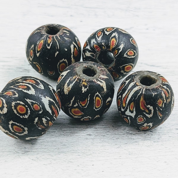 Indonesian Round Beads, Hand Painted, 20mm, Large Hole, Black, Red, Yellow and White Mix, Design, 1pc.  Jatim Java Beads