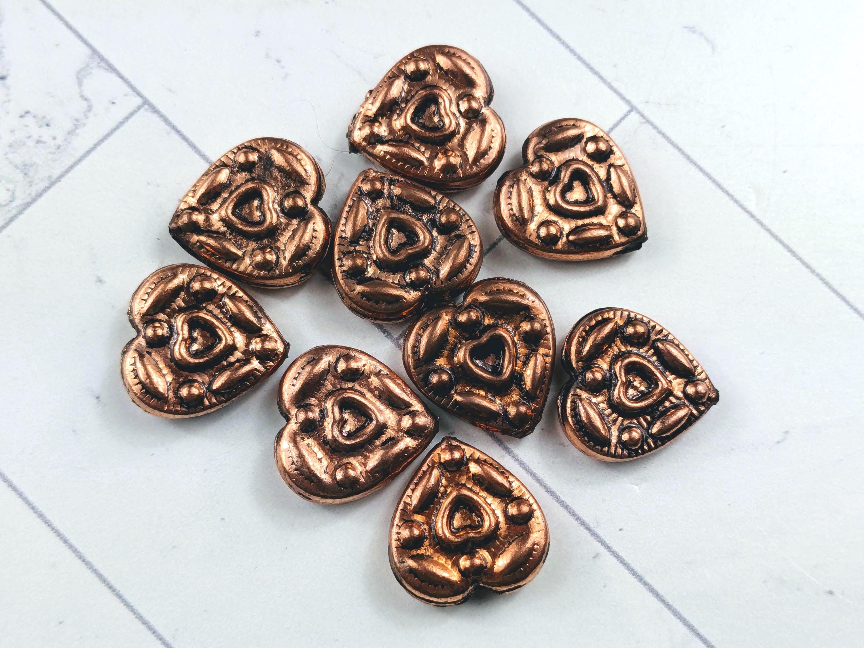 Vintage Genuine Copper Ornate Heart Beads, 19x15mm, 10pcs. Love