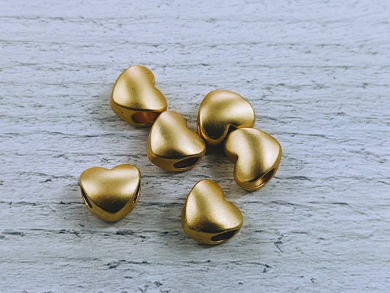 Matte Gold Large Hole Heart Beads, Love, 10pcs. 10x1mm, 4.5mm Hole