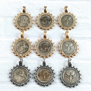 Matte Gold, Worn Gold or Antique Silver Crystal Rhinestone Replica Coin Eagles or Bison Pendants, Charms, Bezel, 1pc. 44x34mm
