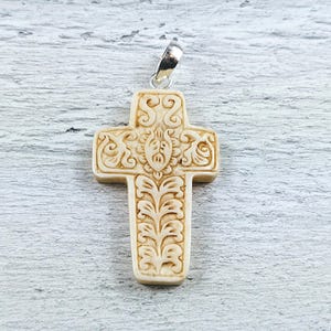 Hand Carved Antiqued Water Buffalo Bone Lotus Flower Cross Pendant, Religious, Spiritual, Ethnic, 42x27mm, Ornate