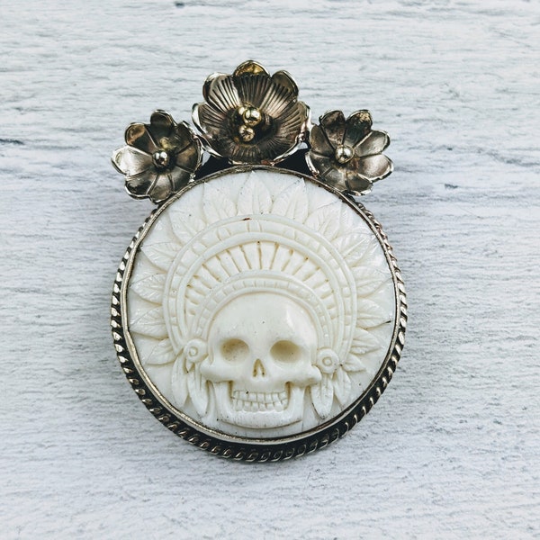 Tibetan Silver and Carved Buffalo Bone Native Style Skull with Flowers Pendant, Nepal, Ethnic, Feathers, Lotus Flower, 45x38mm