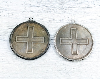 Hand Soldered Cross Pendant, Religious Spiritual Medallion, Patina or Silver, 45mm, 1pc, Replica Coin Pendant