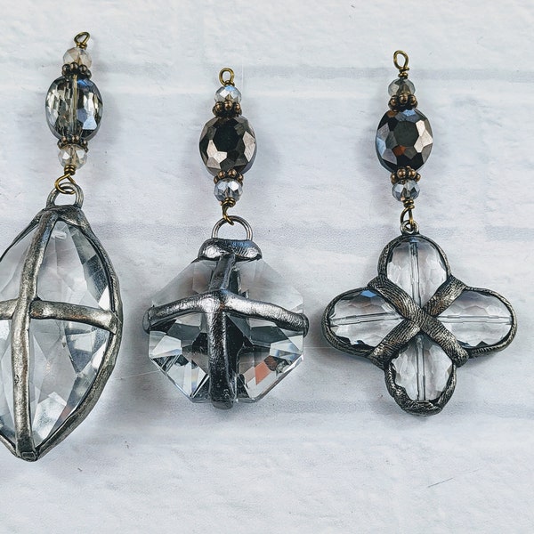 Hand Soldered Faceted Glass Crystal Cross Pendants, 1pc., Vintage Style Design, Connector, Oval, Octagon