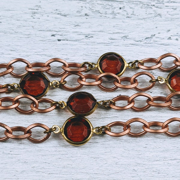Vintage Faceted Red Lucite and Copper and Brass Link Chain, 10mm, Bezel Chain