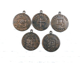 2pcs. Rustic Brown Plated Zodiac Charms, Chinese New Year, Year of Dog, Snake, Rooster, Ox or Horse, 22x20mm