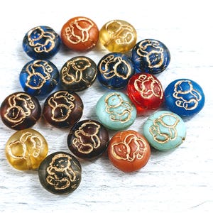 Vintage Czech Glass Teddy Bear Round Beads, Mixed Colors, Assortment, Gold Outline Design, Rare, 14mm, 10pcs.