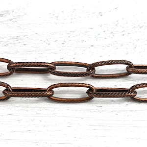 Antique Copper Long Oval Textured Link Chain, 23x9mm, Oval Link, Ornate, Etched