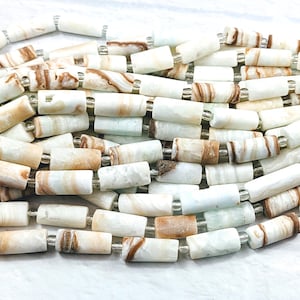 Rare Afghani White and Brown Calcite Striped Gemstone Tube Beads, 19pcs. 15&quot; Strand, 14-19mm, Matte Finish