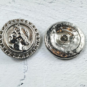 Vintage Antique Silver Greek Goddess Button, Metal Button Shank, 2pcs. 30mm