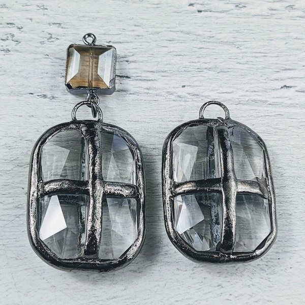 Hand Soldered Faceted Glass Crystal Cross Rectangle Pendants, 1pc. Smoky Connector, 44x31mm