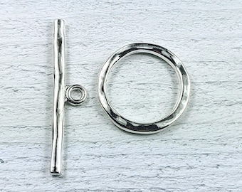 Large Silver Round Toggle Clasp, Connector, Bracelet, Necklace, Hammered Look, 34mm