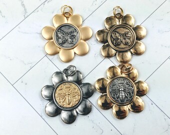 Leaf Butterfly or Queen Bee Flower Pendants, Matte Gold, Antique Silver or Gold, Gunmetal, Silver Ox, 1pc. Springtime, 44mm