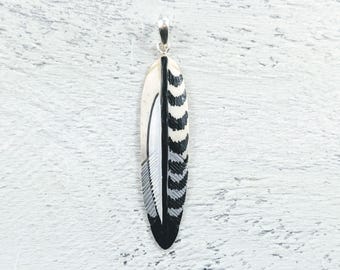 Hand Carved and Painted Water Buffalo Bone Feather Pendant, 1pc. 63x15mm, Black, Grey and White Motif Colors