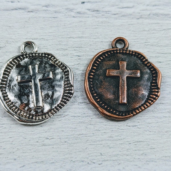 Antique Copper or Silver Plated Hammered Cross Charms, 3pcs, 22x19mm, Coin Charm, Spiritual, Religious
