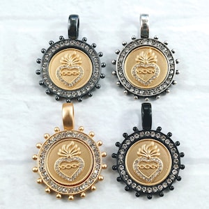 Matte Gold Rhinestone Sacred Heart Bezel Pendants, Charms, Barbed Wire, Black, Matte Gunmetal, Antique Silver, 1pc. 44x32mm, Love, Milagro