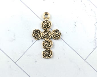 Antique Gold Plated Textured Rose Cross Charm, Patina Finish, Floral, Spiritual, 38x23mm