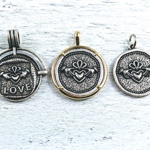 Antique Silver and Gold Plated Replica Coin Claddagh Heart Irish Pendant or Charm, 1pc. Bezel, 28x38mm or 25mm, Love, Ethnic, Celtic