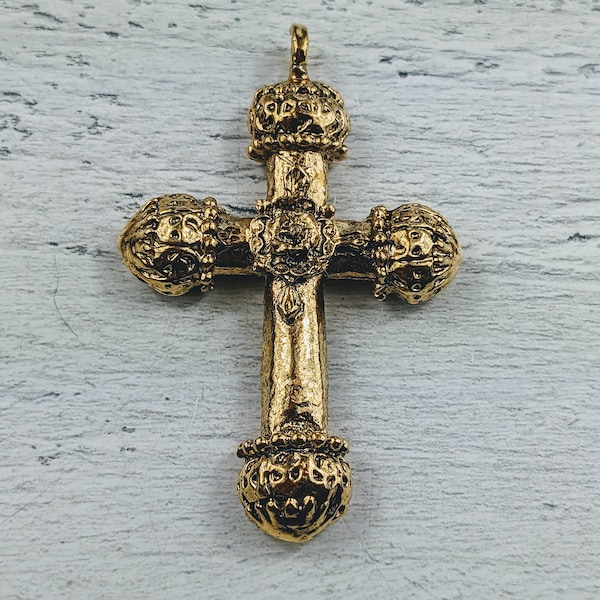 Antique Gold Plated Ornate Cross Pendant, Royal Crown, Religious, Gothic, 70x45mm
