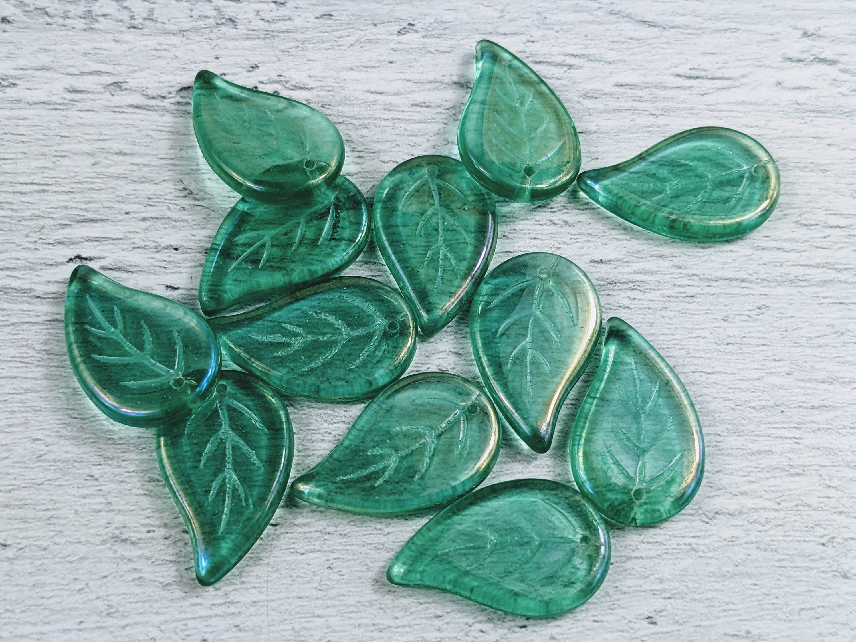 Large Czech Glass Ab Green Leaf Beads, Leaves, Nature, 25x14mm