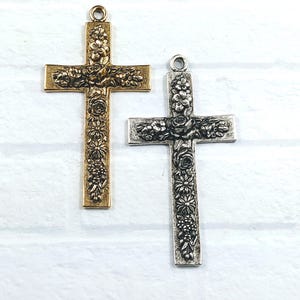 Large Antique Silver or Antique Gold Flower Cross Pendant, Rose, Ornate, 95x50mm, 1pc. Raised Design